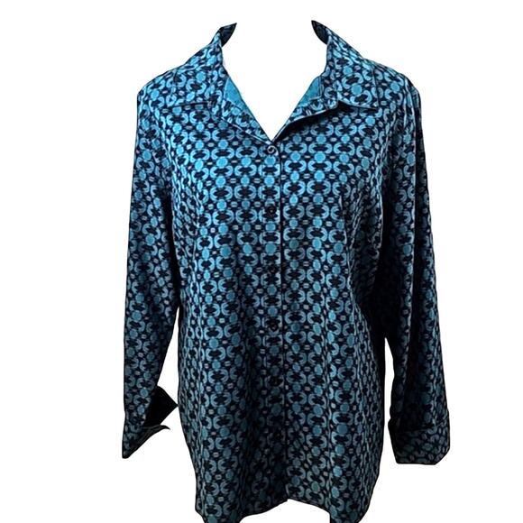 Chico's Womens Sz 16 No Iron Green Geometric 100% Cotton Fairy Button Up Top - Picture 1 of 13
